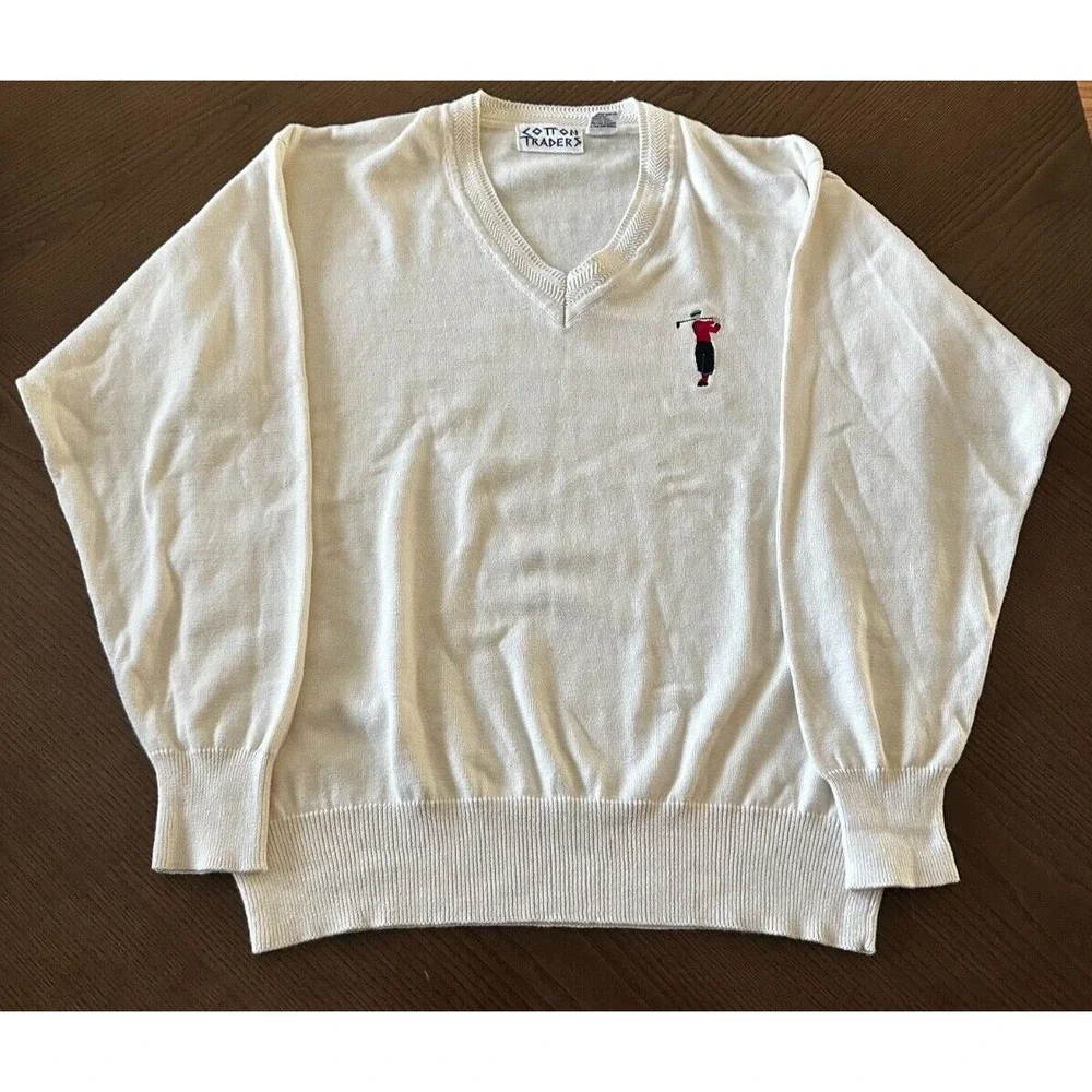Vintage COTTON TRADERS White Knit GOLF V Neck Sweater Size M Medium‎